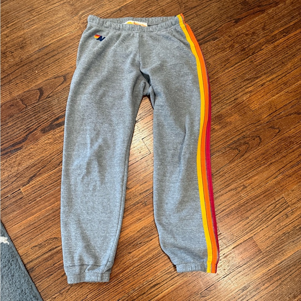 Aviator Nation Gray Sweatpants with Orange Yellow and Red Side Stripes